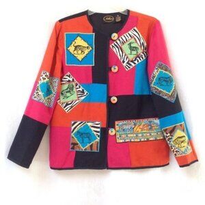 Allure Patchwork Jacket Womens Small Animal Print Cotton Flax Boho Colorblock